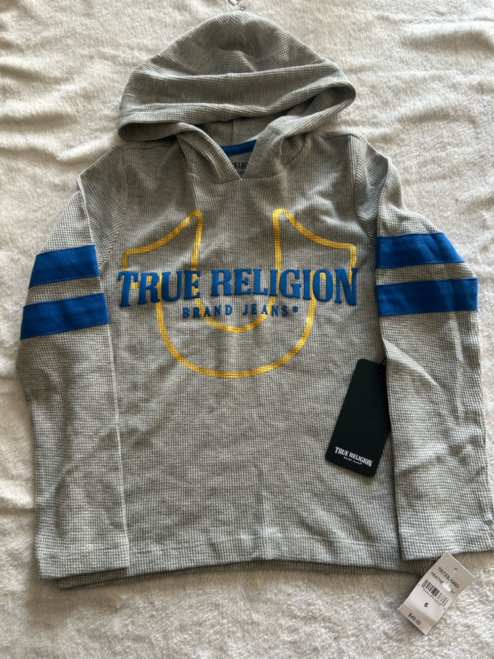 True Religion Gray Waffle Hoodie with Blue Logo and Yellow Horseshoe